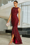 Sparkly Burgundy Sequins Mermaid Long Formal Dress with Slit