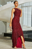 Sparkly Burgundy Sequins Mermaid Long Formal Dress with Slit