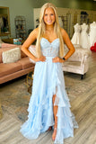 Strapless Corset Ruffled A Line Light Blue Prom Dress with Slit
