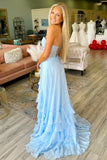 Strapless Corset Ruffled A Line Light Blue Prom Dress with Slit