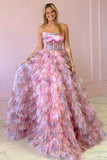 Flower Printed Corset Tiered A Line Blush Prom Dress