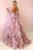 Flower Printed Corset Tiered A Line Blush Prom Dress