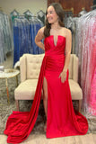Strapless Ruched Red Satin Prom Dress with Slit