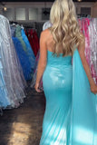 Halter Mermaid Ruched Blue Prom Dress with Slit