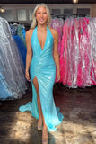 Halter Mermaid Ruched Blue Prom Dress with Slit