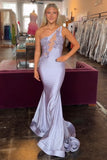 One Shoulder Mermaid Appliqued Cut Out Lilac Prom Dress