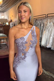 One Shoulder Mermaid Appliqued Cut Out Lilac Prom Dress