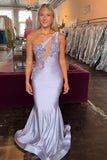 One Shoulder Mermaid Appliqued Cut Out Lilac Prom Dress