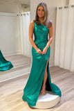 Sparkly One Shoulder Ruched Dark Green Prom Dress with Slit