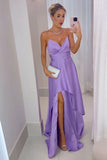 Strapless Satin Purple A Line Prom Dress with Slit