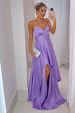 Strapless Satin Purple A Line Prom Dress with Slit