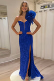 Mermaid Strapless Floral Royal Blue Prom Dress with Slit