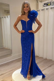 Mermaid Strapless Floral Royal Blue Prom Dress with Slit