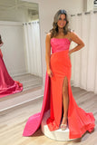 Mermaid Strapless Orange Satin Prom Dress with Slit