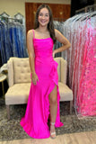 Hot Pink Sheath Ruffled Satin Prom Dress With Slit