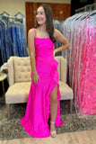 Hot Pink Sheath Ruffled Satin Prom Dress With Slit