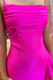 Hot Pink Sheath Ruffled Satin Prom Dress With Slit