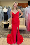 Simple Strapless Mermaid Red Prom Dress With Slit