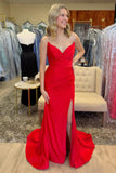 Simple Strapless Mermaid Red Prom Dress With Slit