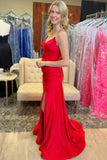 Simple Strapless Mermaid Red Prom Dress With Slit
