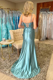 Blue Mermaid Spaghetti Straps Satin Prom Dress With Slit