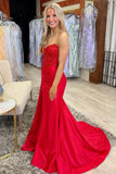 Corset Red Mermaid Appliqued Prom Dress With Slit
