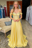 Off The Shoulder Corset Yellow A Line Prom Dress With Beading