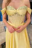 Off The Shoulder Corset Yellow A Line Prom Dress With Beading