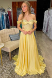 Off The Shoulder Corset Yellow A Line Prom Dress With Beading
