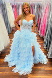 Strapless Corset Blue A Line Tiered Prom Dress with Slit