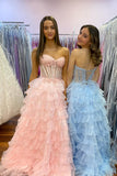 Strapless Corset Blue A Line Tiered Prom Dress with Slit