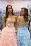 Strapless Corset Blue A Line Tiered Prom Dress with Slit