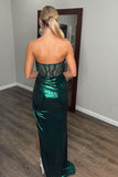 Strapless Corset Dark Green Sheath Metallic Prom Dress with Slit