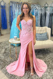 Corset Pink Mermaid Appliques Prom Dress with Slit