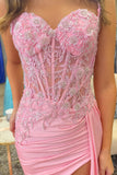 Corset Pink Mermaid Appliques Prom Dress with Slit