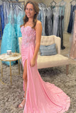 Corset Pink Mermaid Appliques Prom Dress with Slit