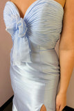 Strapless Mermaid Grey Blue Satin Prom Dress With Slit