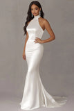 Ivory Halter Mermaid Stretch Satin Wedding Dress