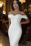 White Sequins Mermaid Off the Shoulder Long Wedding Dress