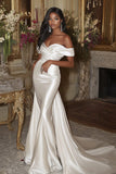 Mermaid Off the Shoulder White Satin Pleated Long Wedding Dress