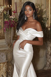 Mermaid Off the Shoulder White Satin Pleated Long Wedding Dress