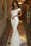 Sparkly White Off the Shoulder Mermaid Long Wedding Dress with Sequins