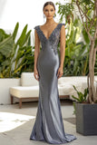 Sheath Dark Grey Off the Shoulder Metallic Satin Fomal Dress
