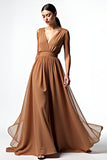 V Neck Brown A Line Chiffon Long Gala Dress with Waist