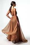V Neck Brown A Line Chiffon Long Gala Dress with Waist