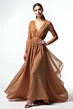 V Neck Brown A Line Chiffon Long Gala Dress with Waist