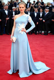 A Line Blue Appliques One Shoulder Long Gala Dress