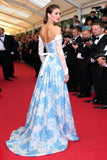 A Line Blue Flower Cold Shoulder Long Gala Dress