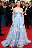 A Line Strapless Blue Flower Printed Long Sleeves Gala Dress