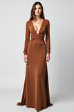 Caramel Mermaid Deep V Neck Long Sleeves Gala Dress
